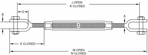 Galvanized Turnbuckle Jaw&Jaw US Type HG-228 Line Drawing