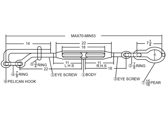 Specifications of Deck Lashing Turnbuckle with Pelican Hook and Pear Link