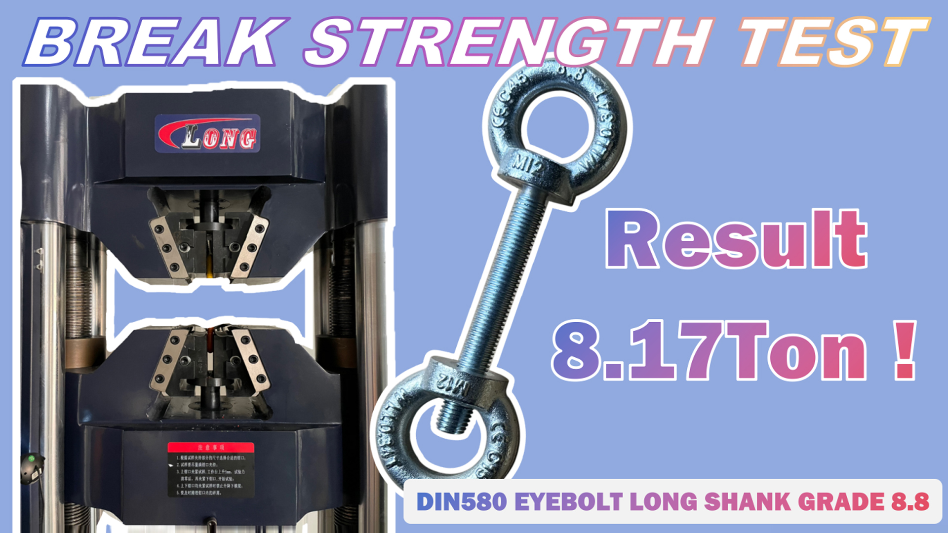 LG RIGGING® Break Test M12 DIN580 EYEBOLT LONG SHANK GRADE 8.8