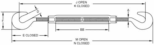 Drawing of CLGR® Galvanized Turnbuckle Hook & Hook US Fed. Spec. Drawing of CLGR® Galvanized Turnbuckle Hook & Hook US Fed. Spec.