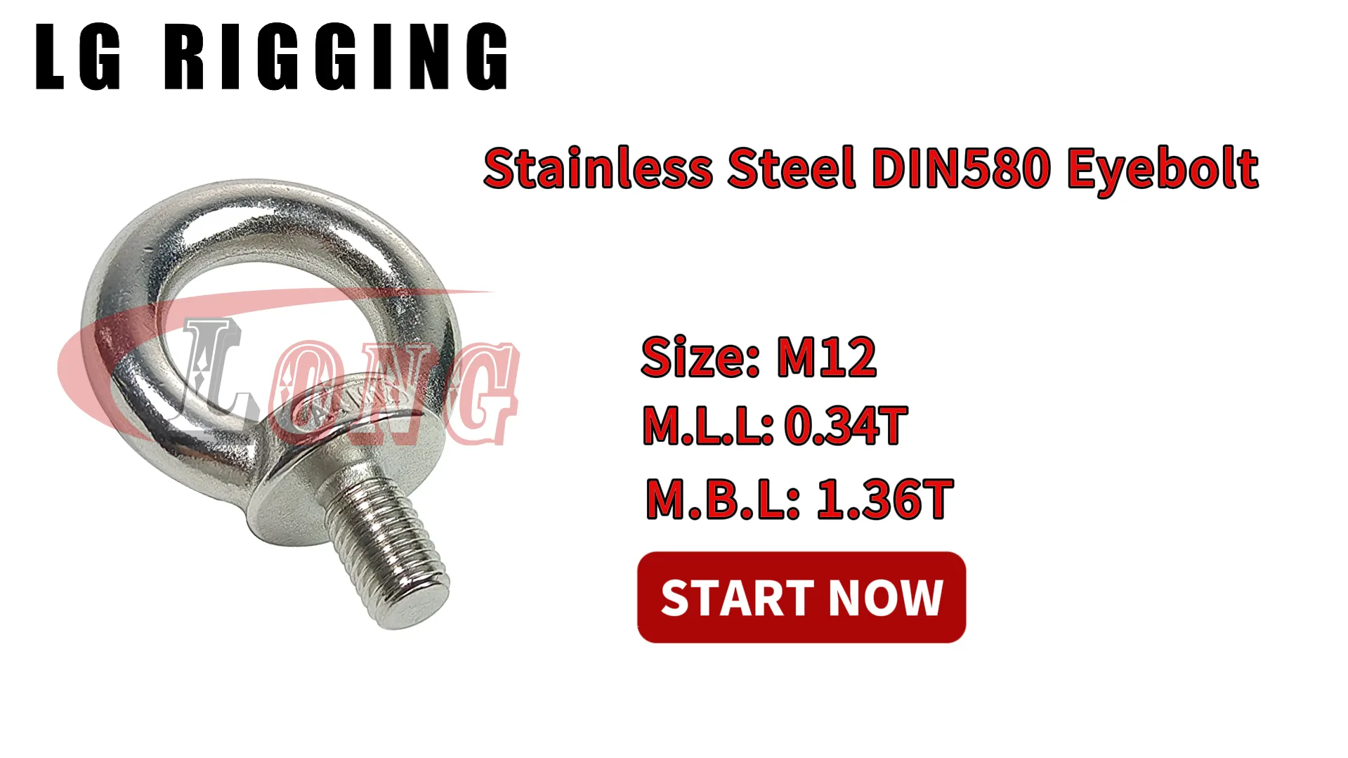 LG RIGGING® Break Test M12 Cast Stainless Steel DIN580 EYEBOLT