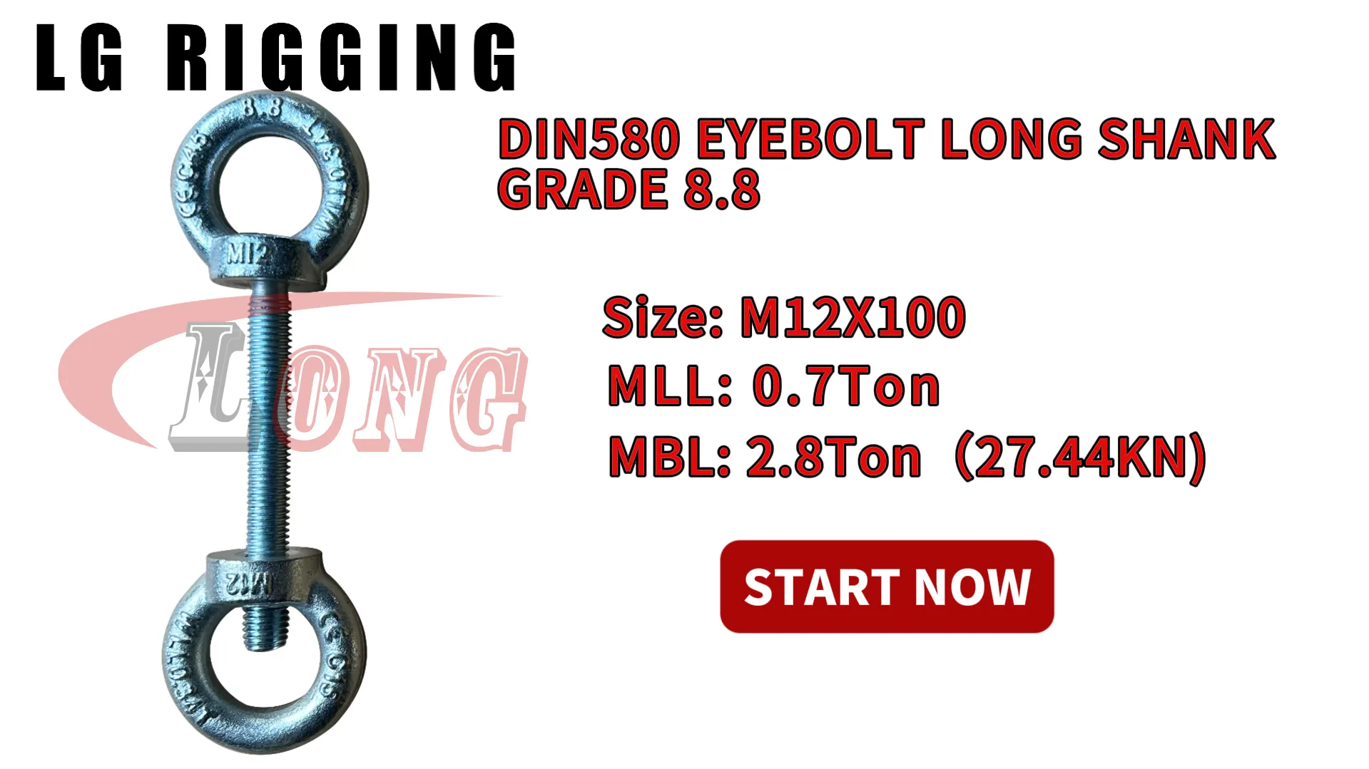 LG RIGGING® Break Test M12 DIN580 EYEBOLT LONG SHANK GRADE 8.8