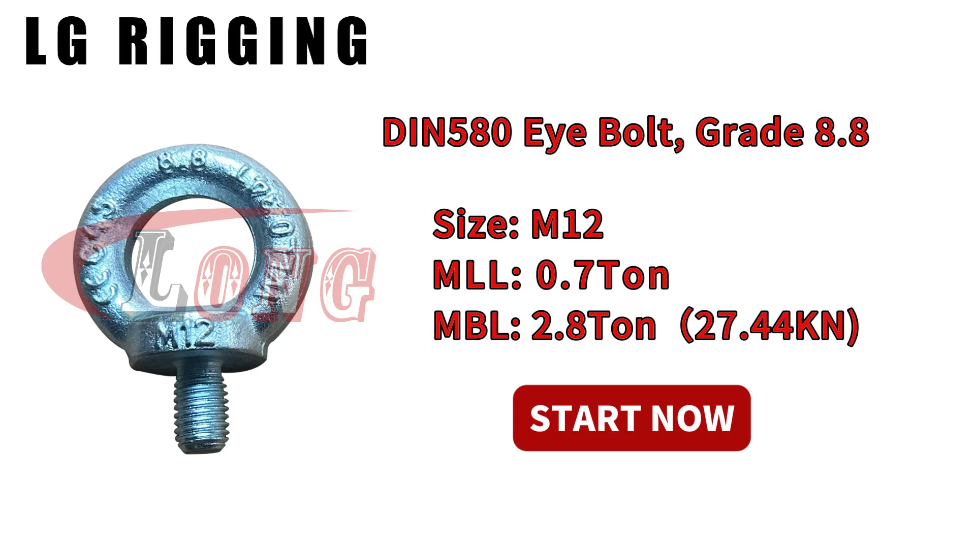 LG RIGGING® Break Test M12 DIN580 Eyebolt Grade 8.8 Zinc Plated