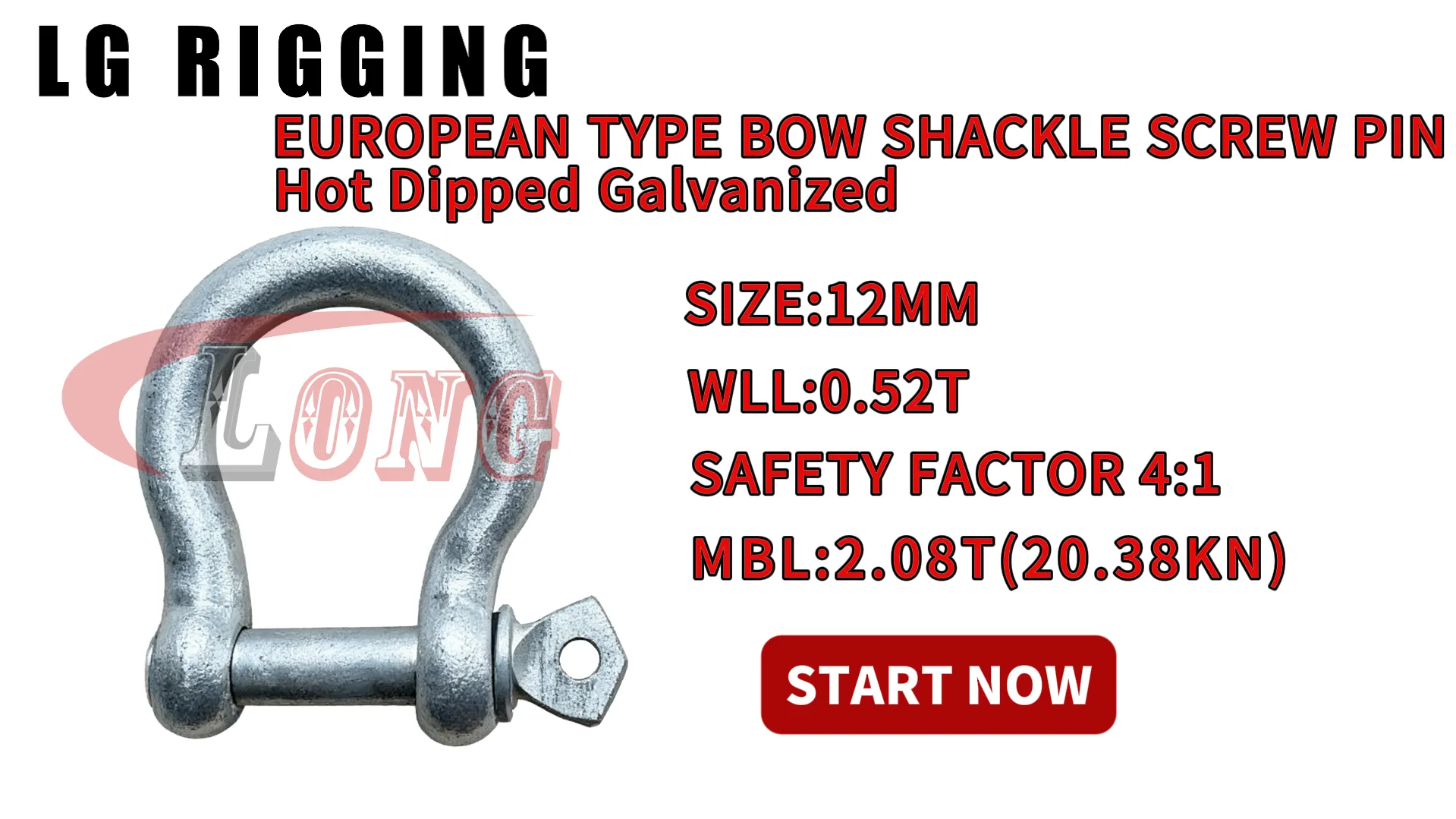 LG RIGGING® Break Test 12mm Commercial Bow Shackle Screw Pin HDG European Type