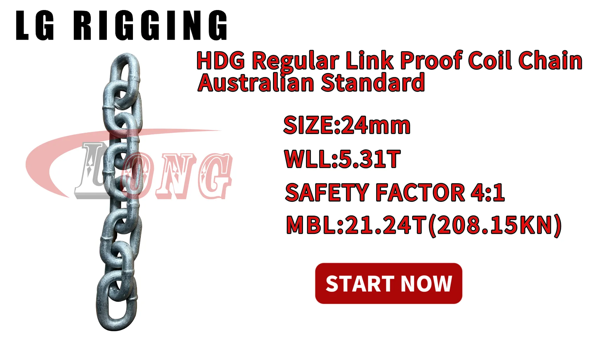 LG RIGGING® Breaking Strength Test 24mm Proof Coil Chain Regular Link Australian Standard
