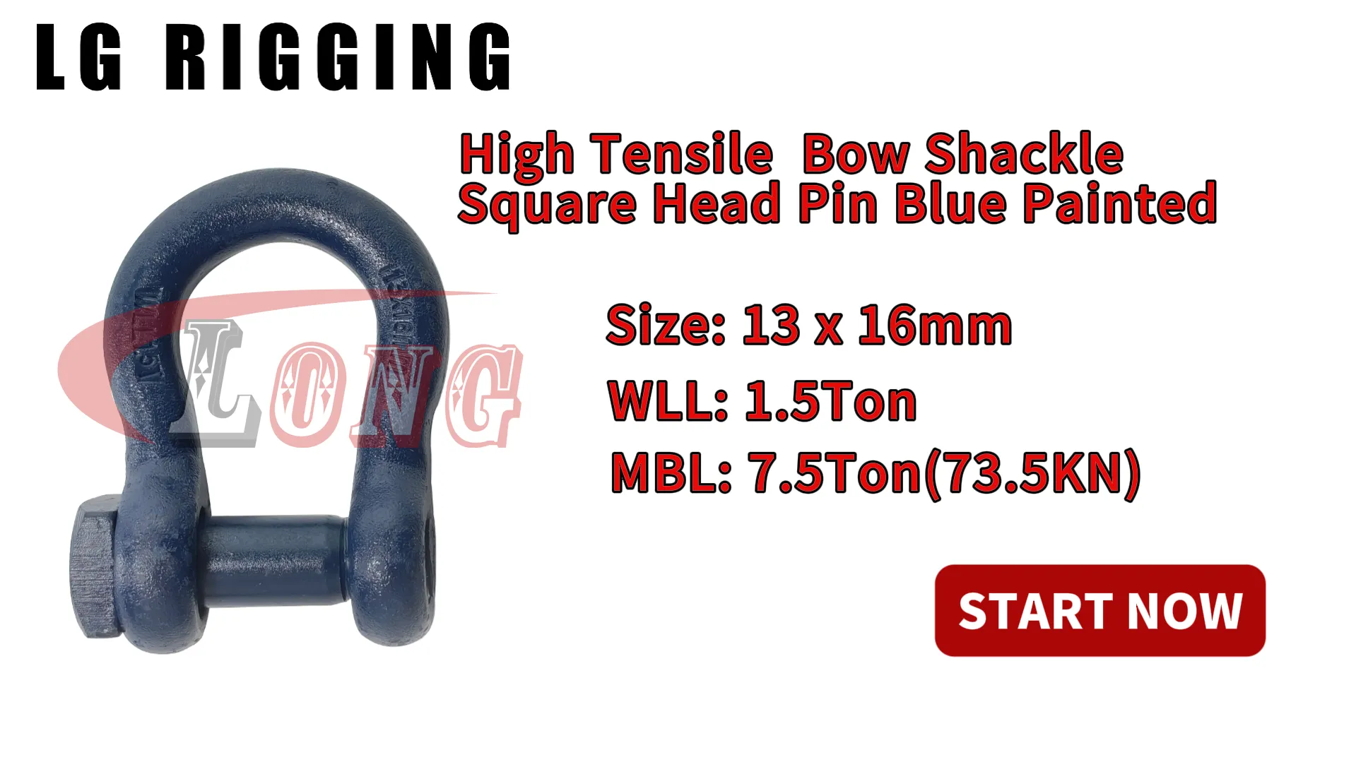 LGRIG® Break Test 13x16mm Blue Painted Bow Shackle Trawler Square Head Pin