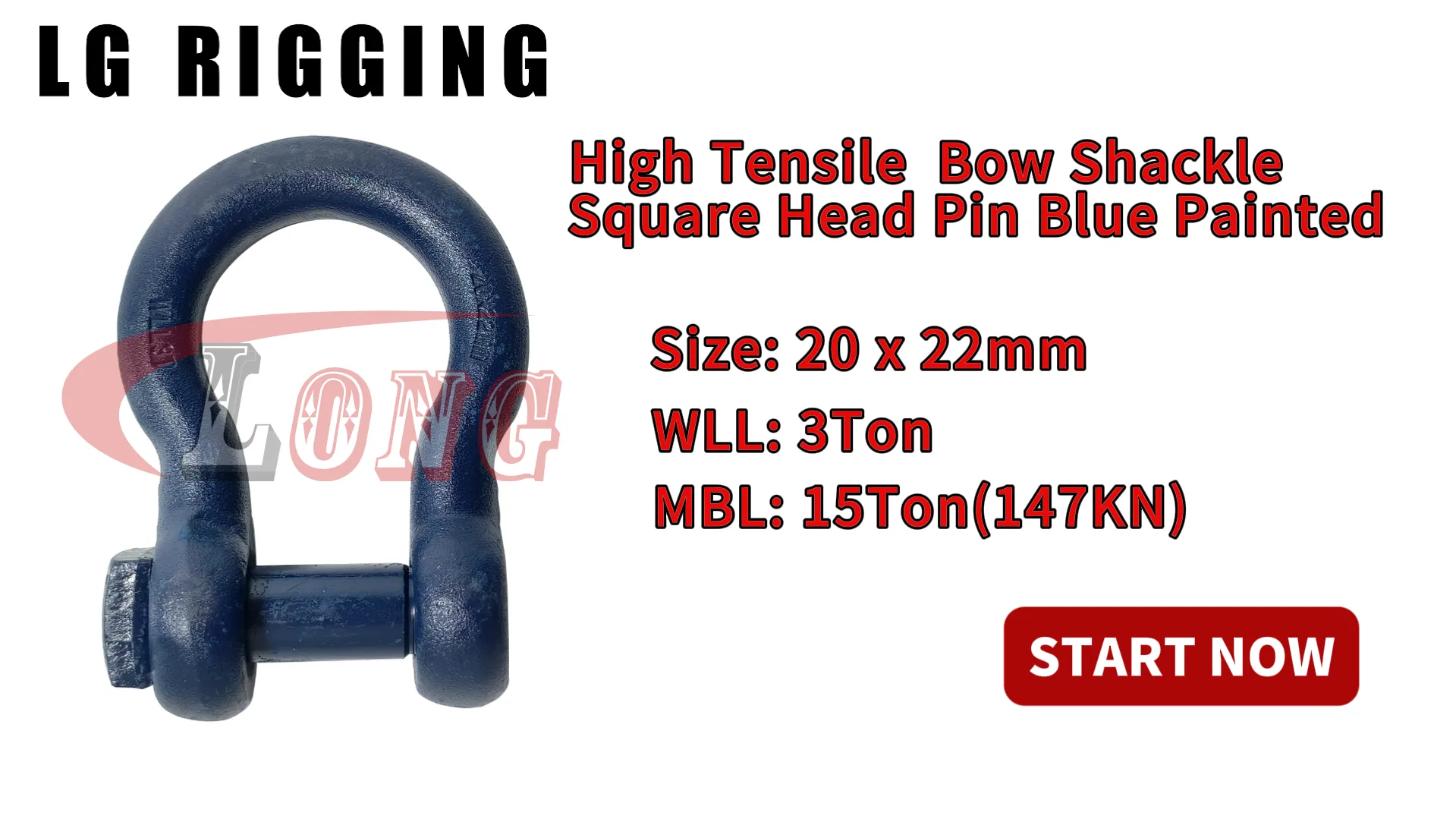 LGRIG® Break Test 20x22mm Blue Painted Bow Shackle Trawler Square Head Pin