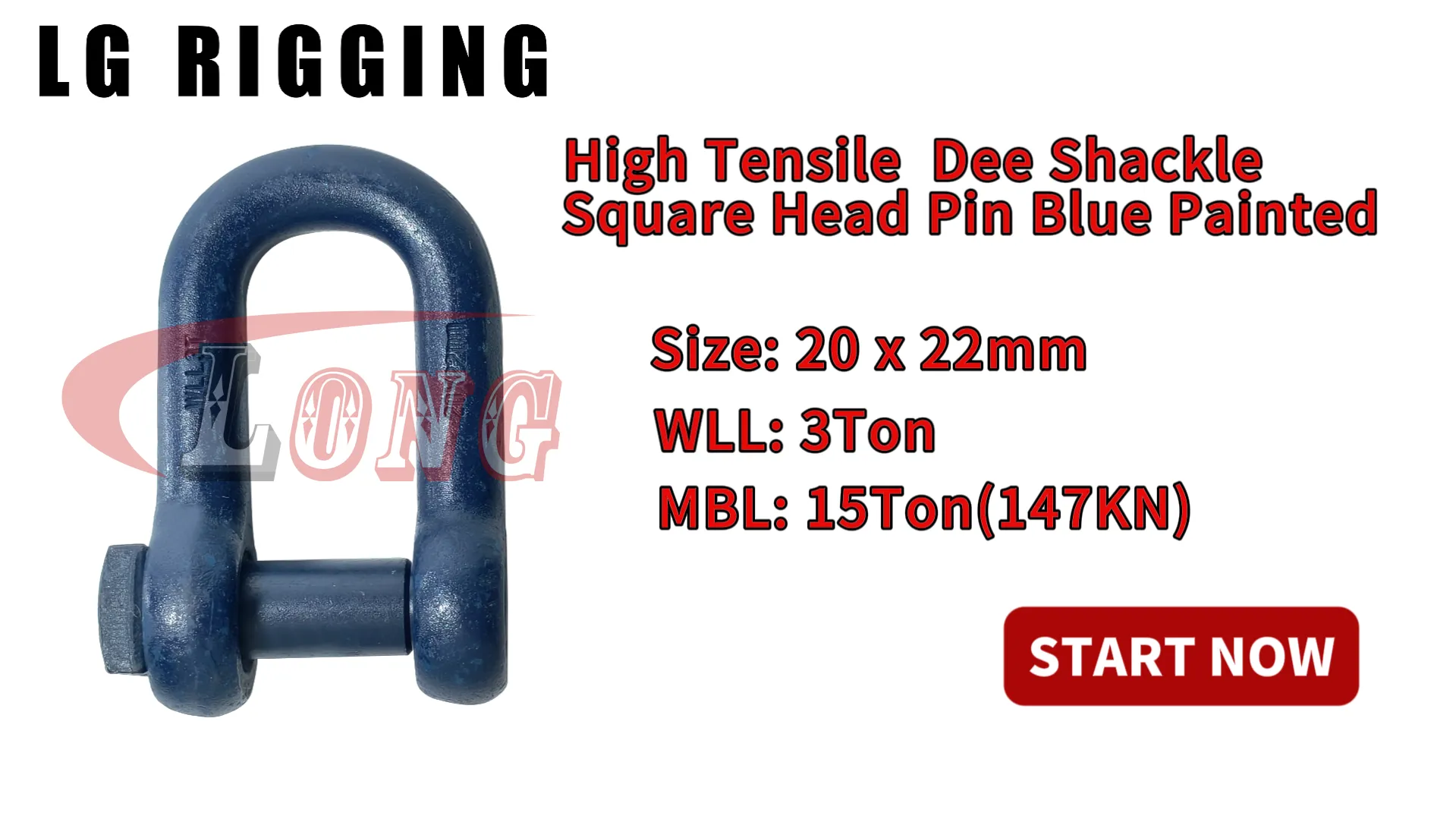 LGRIG® Break Test 20x22mm Blue Painted Dee Shackle Trawler Square Head Pin