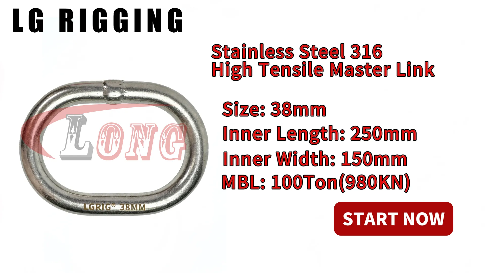 LGRIG® Break Test 38x250x150mm Stainless Steel 316 High Tensile Master Link